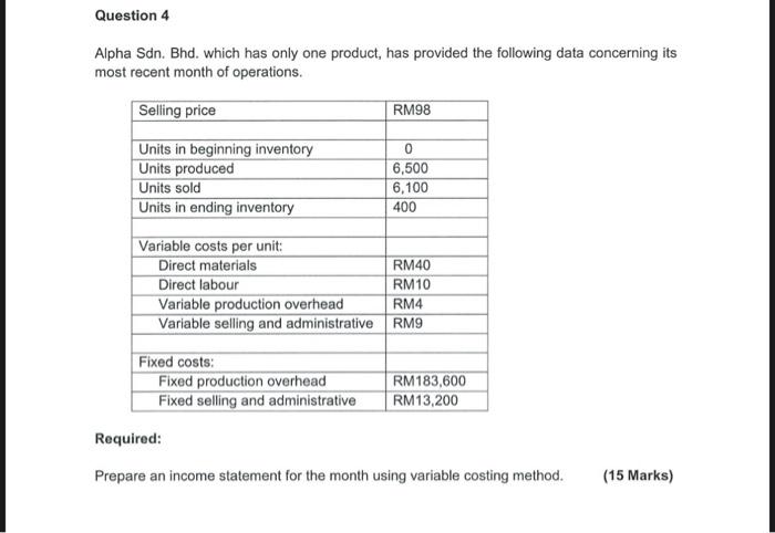 Question 4 Alpha Sdn. Bhd. which has only one product, has provided