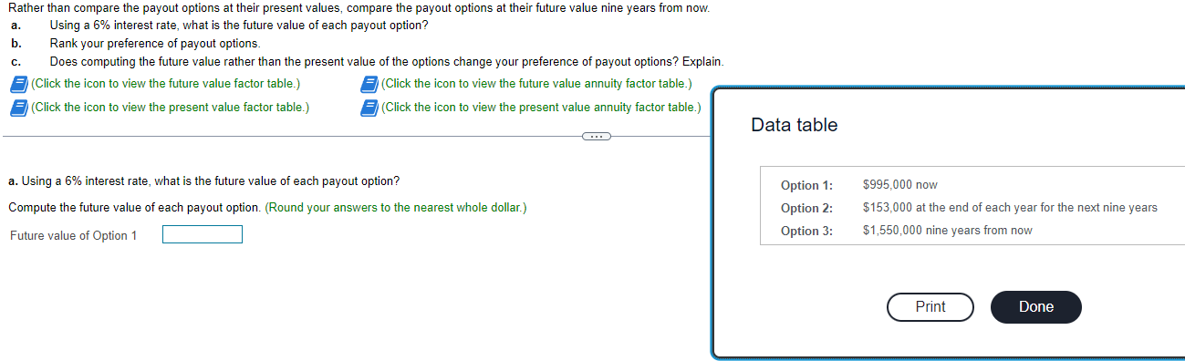 Rather than compare the payout options at their present values, compare the