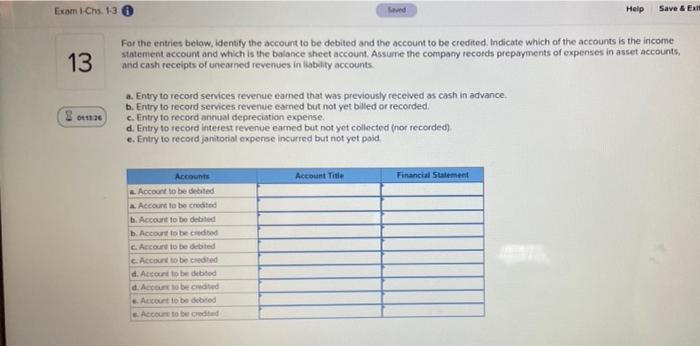 Exam 1-Chs. 1-3 Seved Help Save & Exit 13 091226 For the