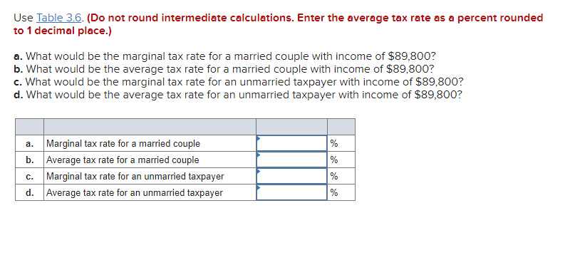 Use Table 3.6. (Do not round intermediate calculations. Enter the average tax