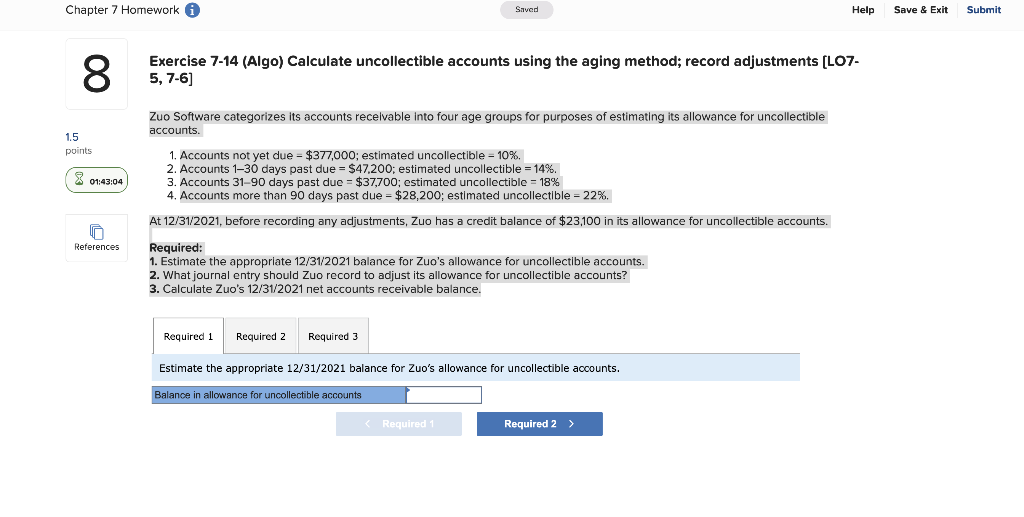Chapter 7 Homework Saved Help Save & Exit Submit 1.5 8 points