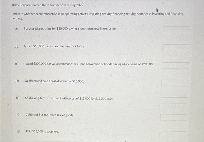 Kiley Corporation had these transactions during 2022. Indicate whether each transaction is