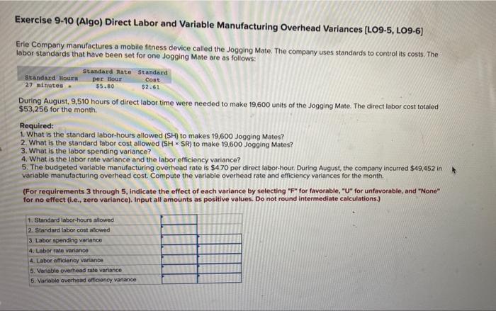 Exercise 9-10 (Algo) Direct Labor and Variable Manufacturing Overhead Variances [LO9-5, LO9-6]