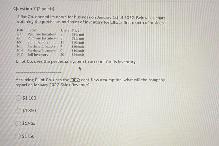 Question 7 (2 points) Elliot Co. opened its doors for business on