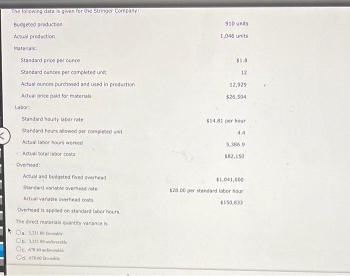 The following data is given for the Stringer Company: Budgeted production 910