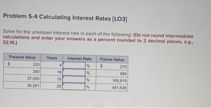 Problem 5-4 Calculating Interest Rates [LO3] Solve for the unknown interest rate