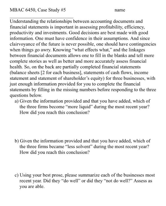 MBAC 6450, Case Study #5 name Understanding the relationships between accounting documents