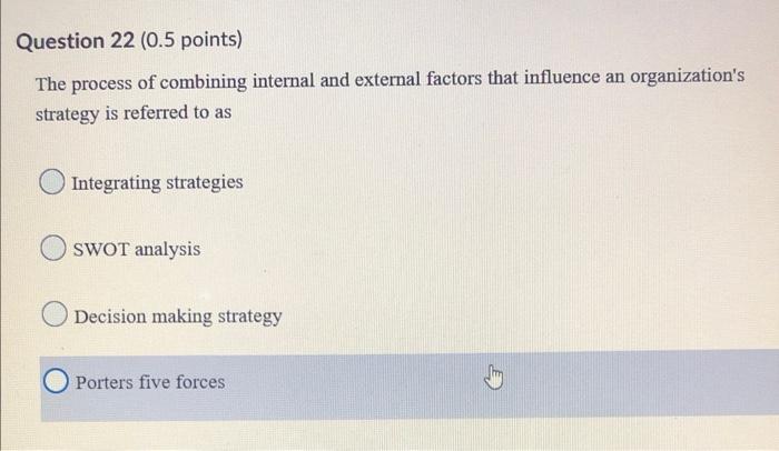 Question 22 (0.5 points) The process of combining internal and external factors