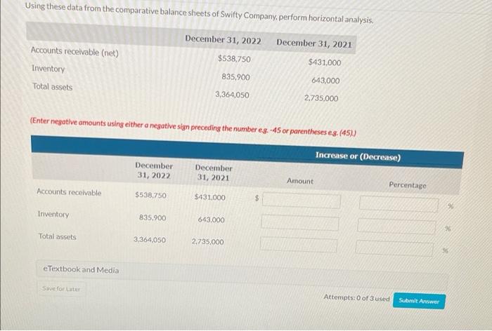 Using these data from the comparative balance sheets of Swifty Company, perform