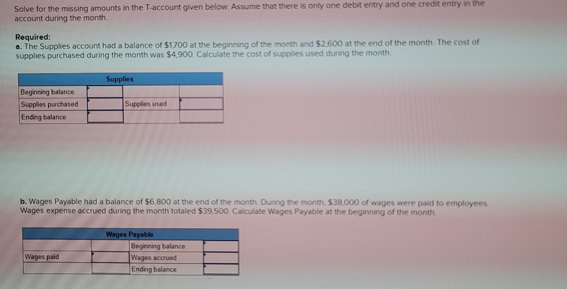 Solve for the missing amounts in the T-account given below. Assume that
