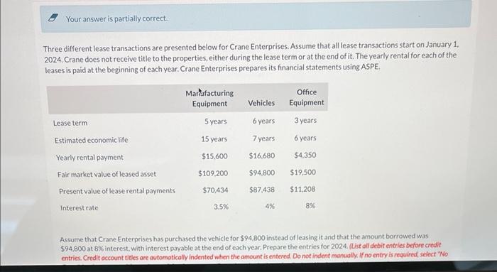 Your answer is partially correct. Three different lease transactions are presented below