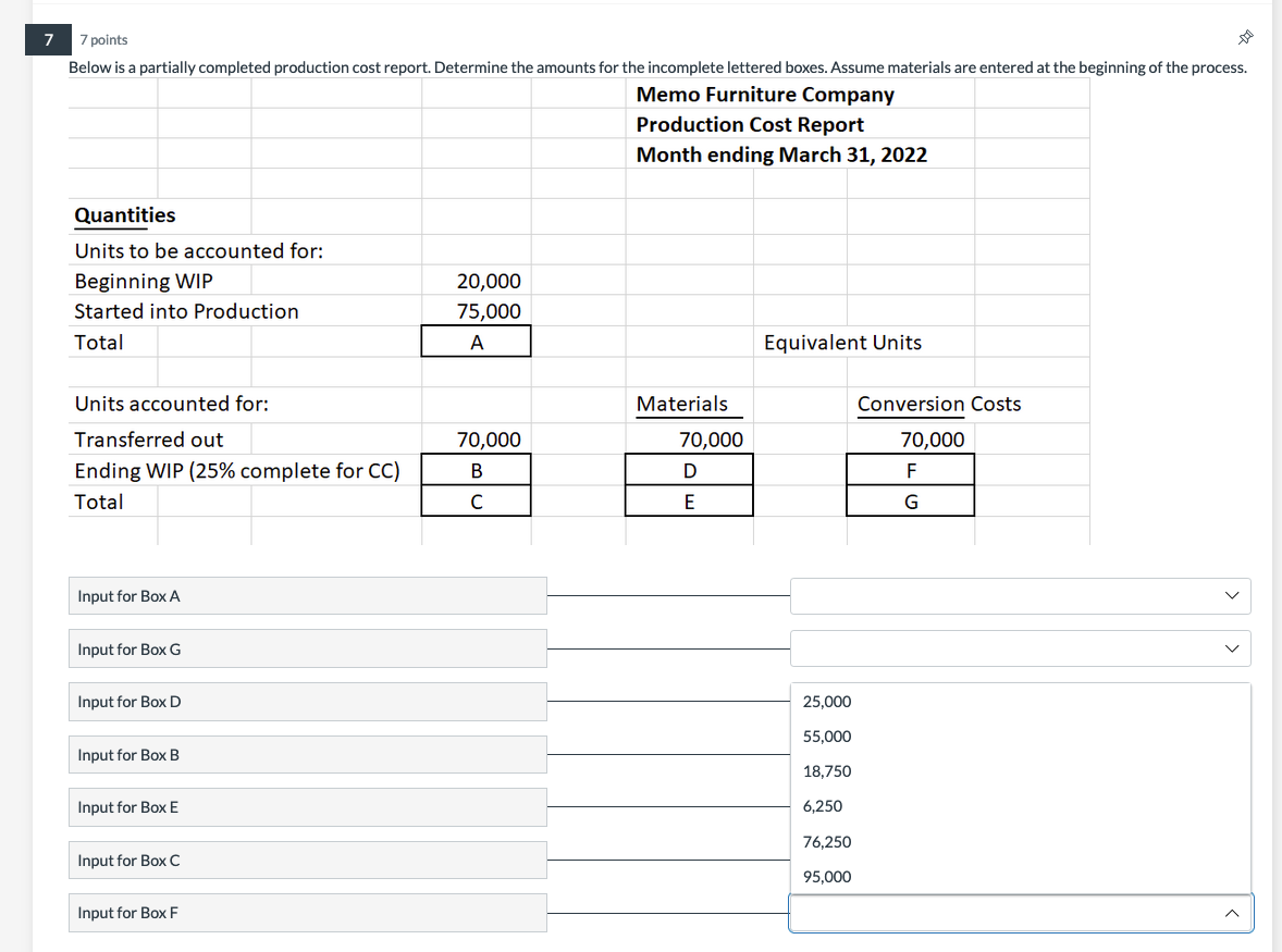 7 7 points Below is a partially completed production cost report. Determine