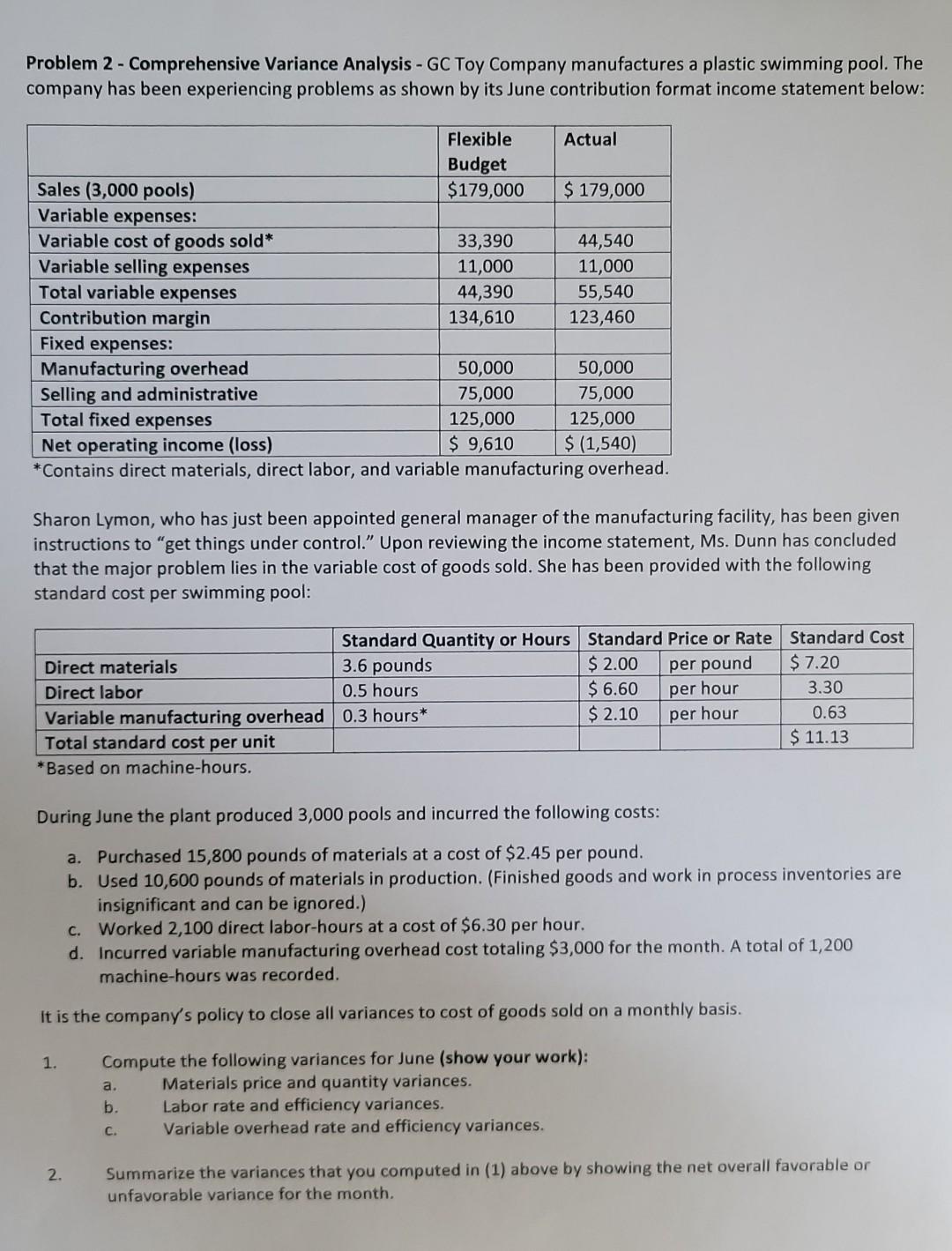 Problem 2 - Comprehensive Variance Analysis - GC Toy Company manufactures a