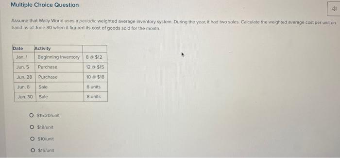 Multiple Choice Question Assume that Wally World uses a periodic weighted average