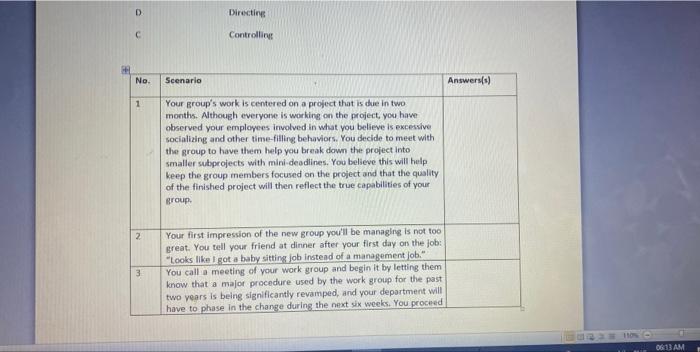 D C Directing Controlling No. Scenario 1 Your group's work is centered