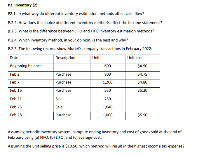 P2. Inventory (2) P2.1. In what way do different inventory estimation methods