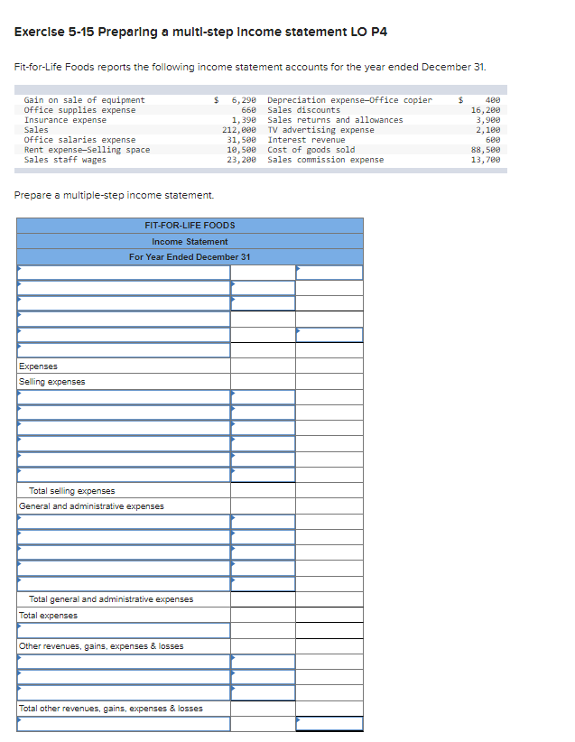 Exercise 5-15 Preparing a multi-step Income statement LO P4 Fit-for-Life Foods reports