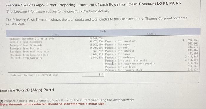 Exercise 16-22B (Algo) Direct: Preparing statement of cash flows from Cash T-account