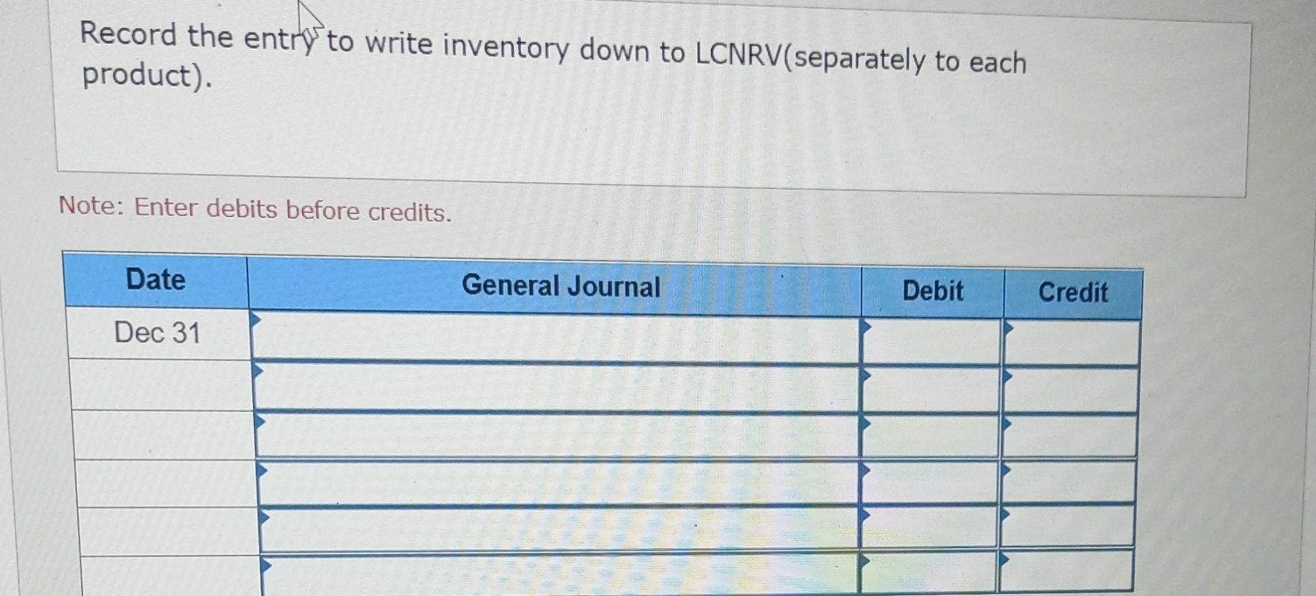 product). Note: Enter debits before credits. Date Dec 31 General Journal Debit