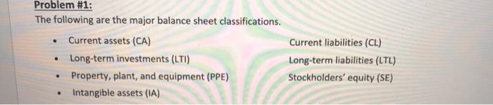 Problem #1: The following are the major balance sheet classifications. Current liabilities