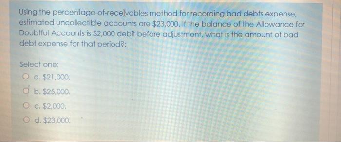 Using the percentage-of-receivables method for recording bad debts expense, estimated uncollectible accounts