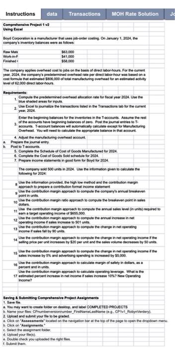 Instructions data Transactions MOH Rate Solution Comprehensive Project 1 v2 Using Excel
