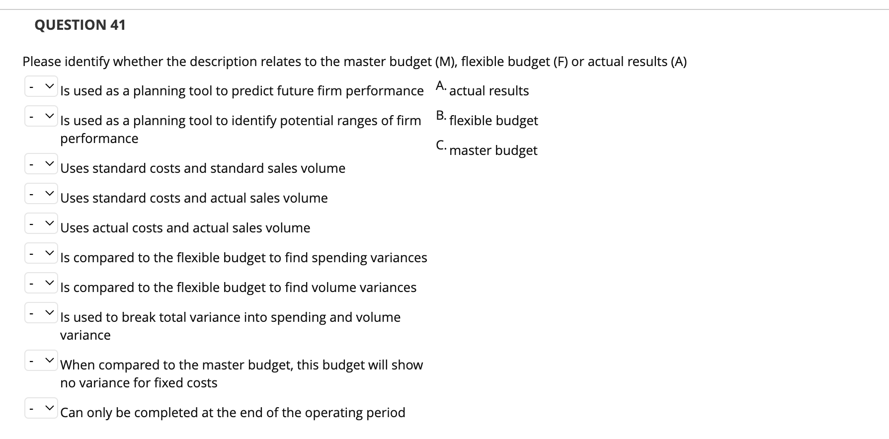 QUESTION 41 Please identify whether the description relates to the master budget