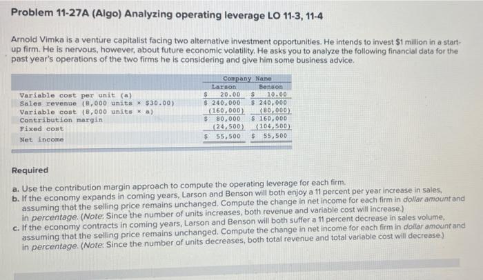 Problem 11-27A (Algo) Analyzing operating leverage LO 11-3, 11-4 Arnold Vimka is