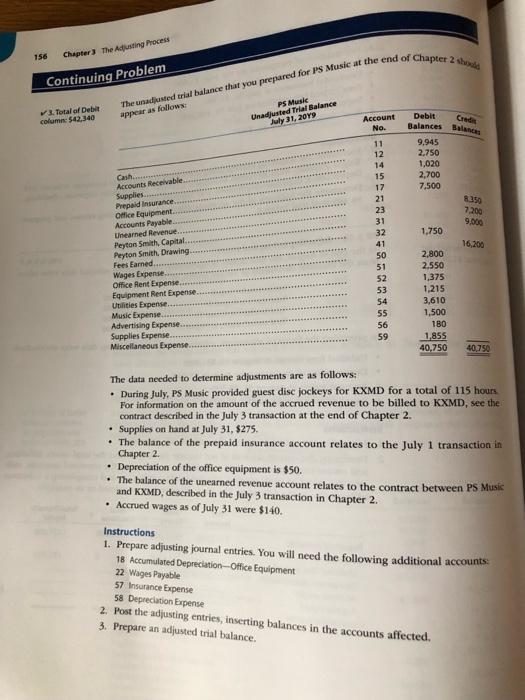 156 Chapter 3 The Adjusting Process Continuing Problem 3. Total of Debit