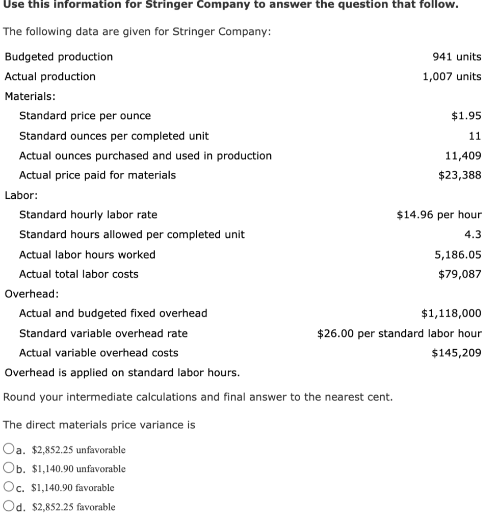 Use this information for Stringer Company to answer the question that follow.