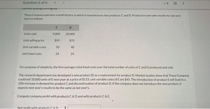 Question 6 of 6 < -14 Current Attempt Progress Tharp Company operates