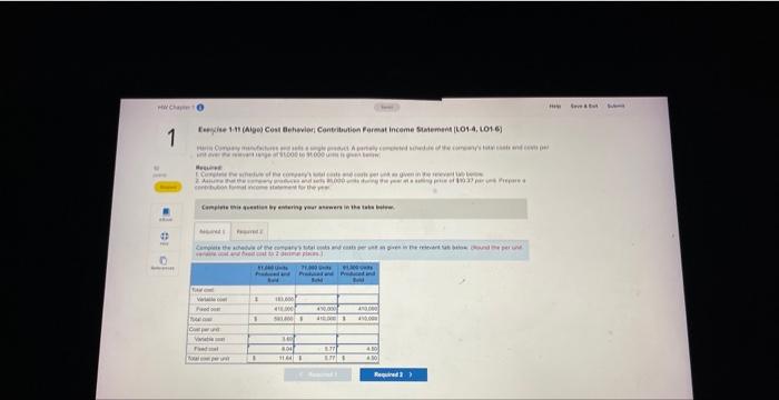 HW Chap 10 1 Excise 1-11 (Algo) Cost Behavior; Contribution Format Income