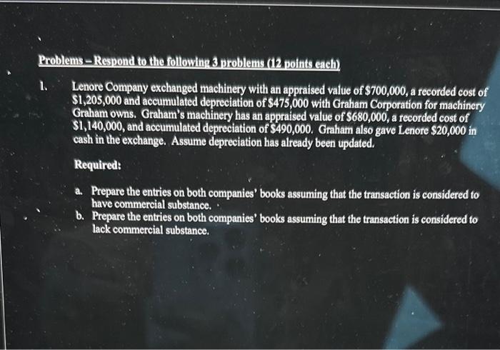 Problems-Respond to the following 3 problems (12 points each) 1. Lenore Company