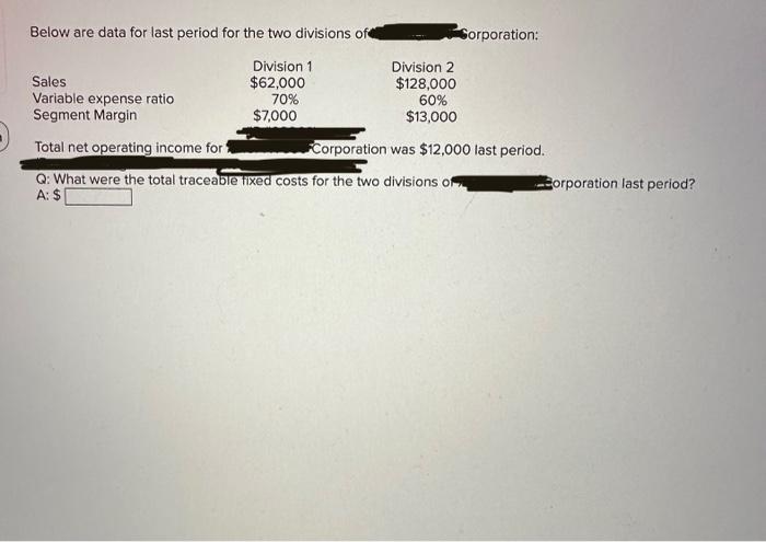 Below are data for last period for the two divisions of Sales