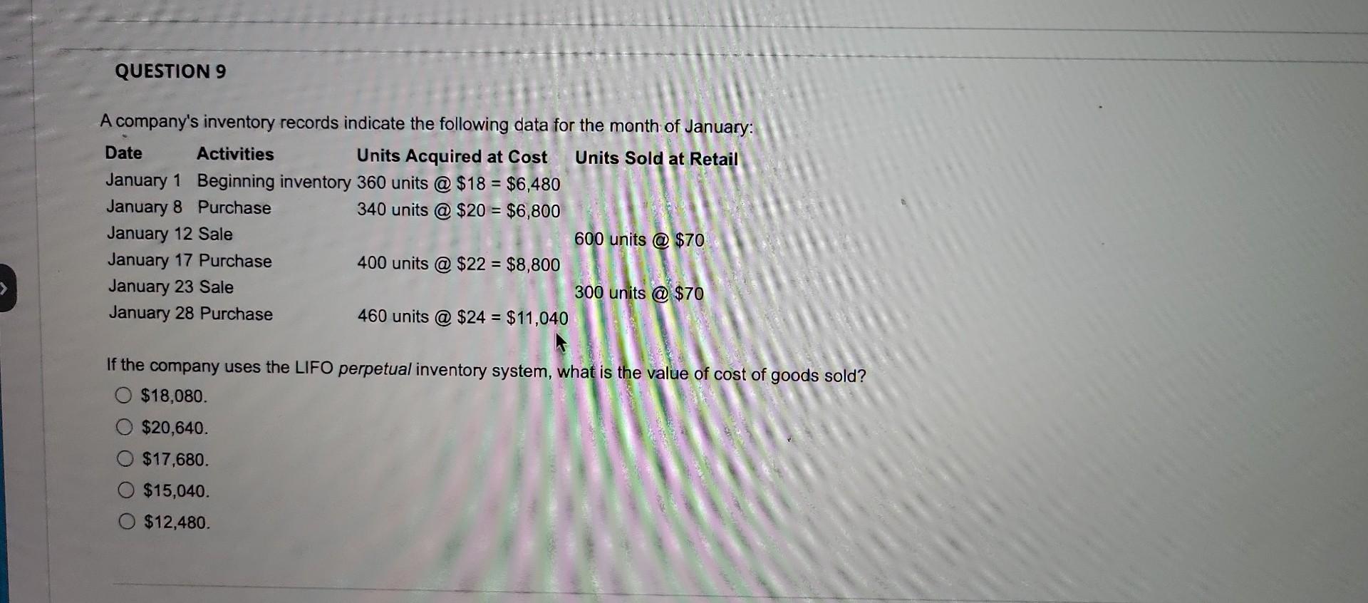 QUESTION 9 A company's inventory records indicate the following data for the