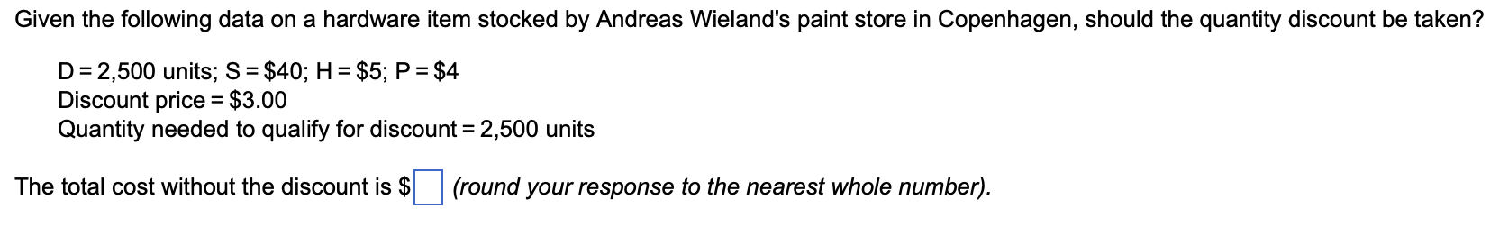 Given the following data on a hardware item stocked by Andreas Wieland's