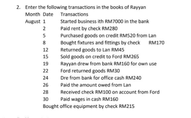 Month Date August 1 2 2. Enter the following transactions in the