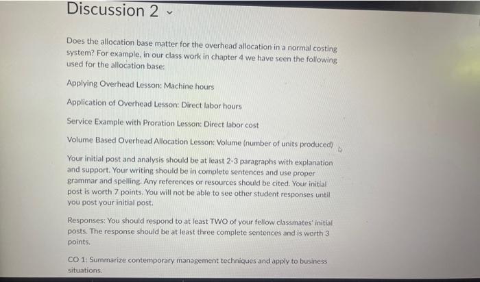 Discussion 2 v Does the allocation base matter for the overhead allocation