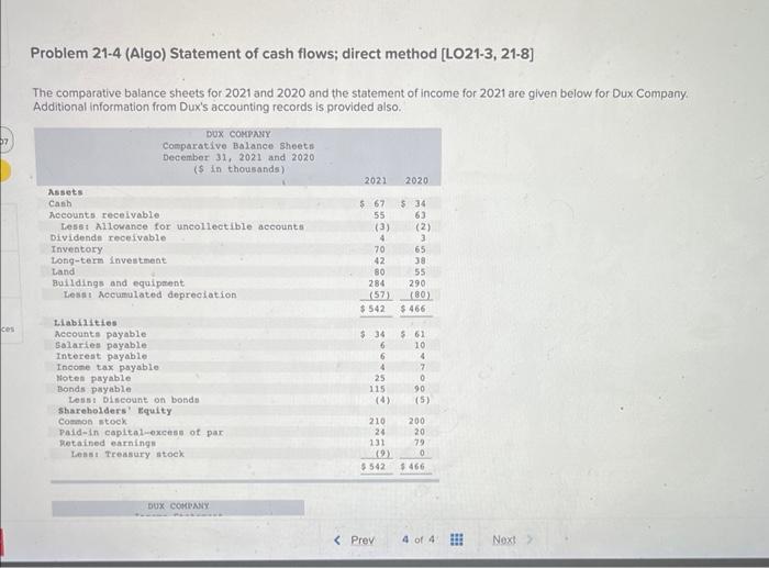 07 Problem 21-4 (Algo) Statement of cash flows; direct method [LO21-3, 21-8]