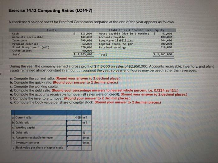 Exercise 14.12 Computing Ratios (LO14-7) A condensed balance sheet for Bradford Corporation