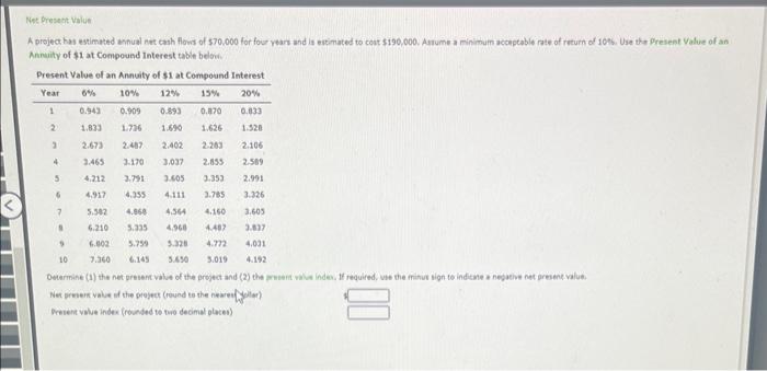 Net Present Value A project has estimated annual net cash flows of