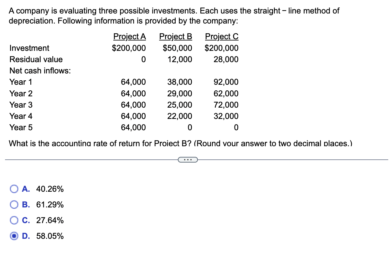 A company is evaluating three possible investments. Each uses the straight -