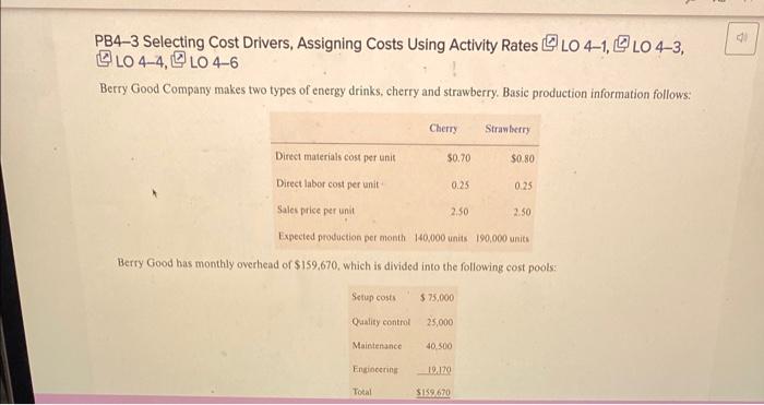 PB4-3 Selecting Cost Drivers, Assigning Costs Using Activity Rates LO 4-1, LO