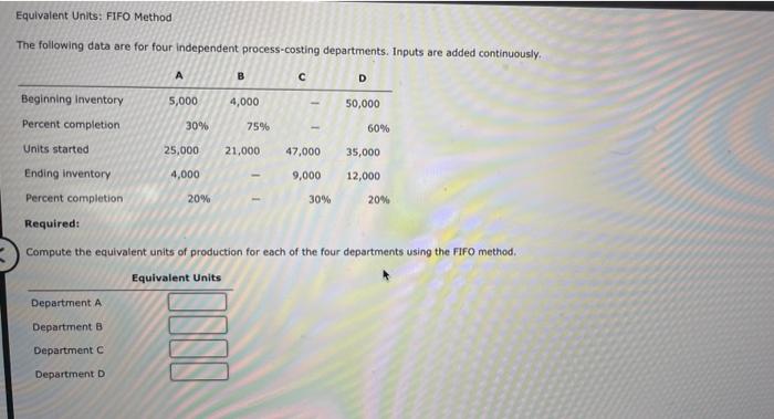 Equivalent Units: FIFO Method The following data are for four independent process-costing