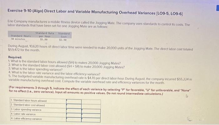 Exercise 9-10 (Algo) Direct Labor and Variable Manufacturing Overhead Variances (LO9-5, LO9-6]