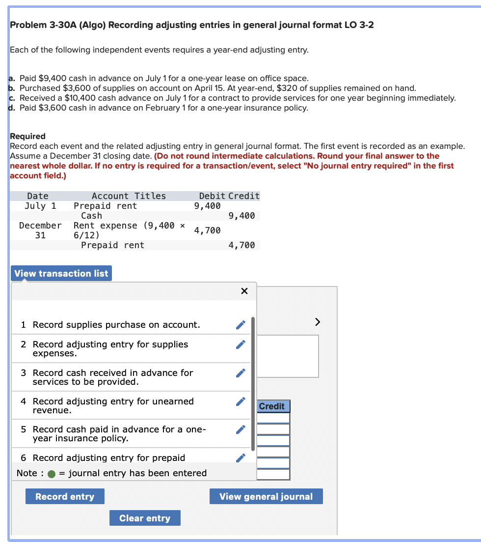 Problem 3-30A (Algo) Recording adjusting entries in general journal format LO 3-2