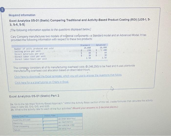 Required Information Excel Analytics 05-01 (Static) Comparing Traditional and Activity-Based Product Costing