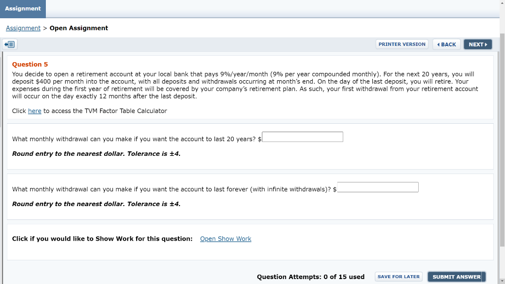 Assignment Assignment > Open Assignment PRINTER VERSION BACK NEXT Question 5 You