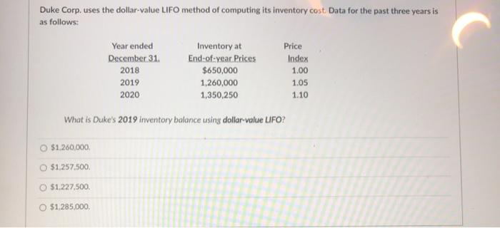 Duke Corp. uses the dollar-value LIFO method of computing its inventory cost.