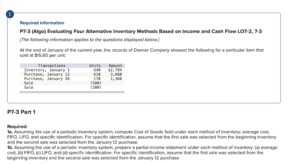 Required information P7-3 (Algo) Evaluating Four Alternative Inventory Methods Based on Income